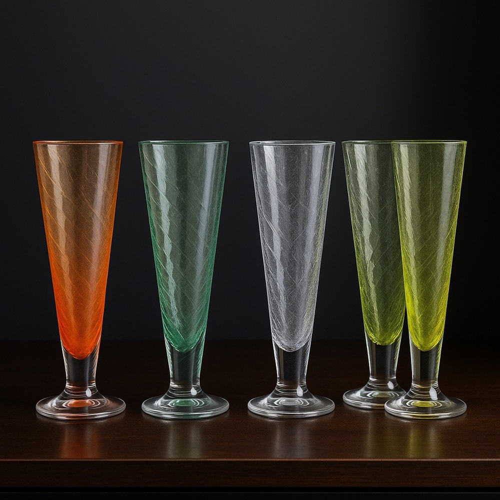 Vtg Colored Blown Glass Set 4 Swirl MCM Barware Champagne Flute Parfait